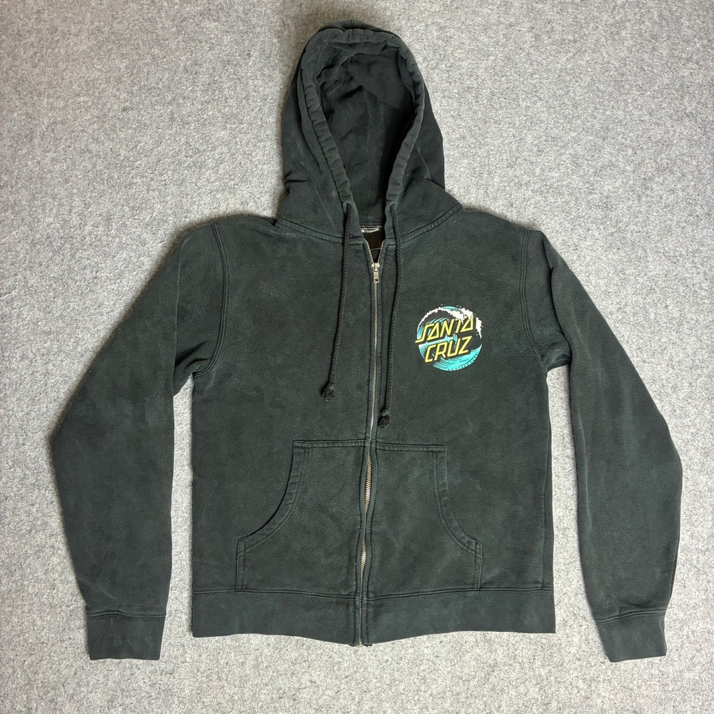 Santa Cruz Zip Hoodie Boys Small Black Good Faded Wave Logo Graphic Skate